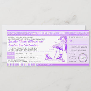 purple boarding pass tickets wedding invitations