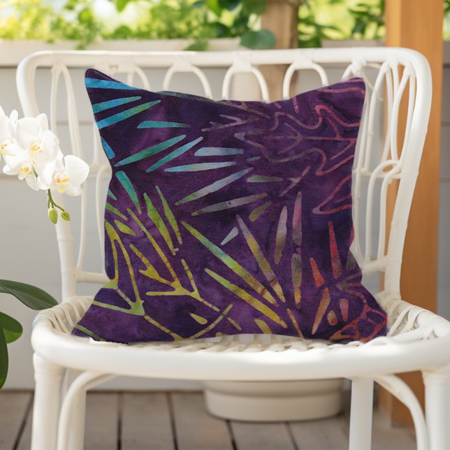 Purple Boho Batik Foliage Pattern Outdoor Pillow (Creator Uploaded)