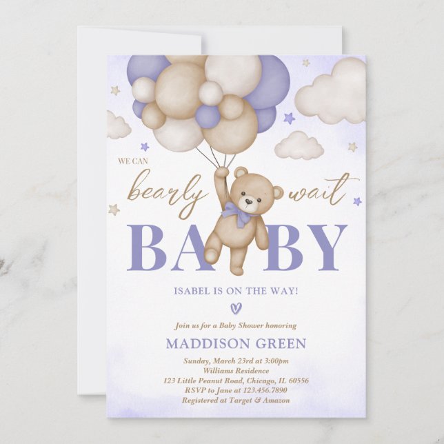 Purple Boho Bear Girl Baby Shower Invitation (Front)