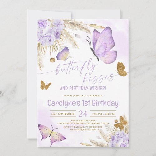 Purple Boho Butterfly Kisses and Birthday Wishes Invitation