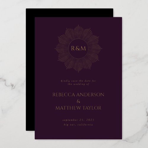 Purple Boho Celestial Sun Monogram Save Date Foil Invitation