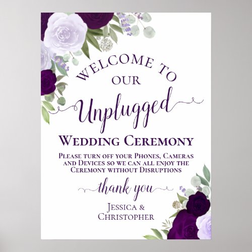 Purple Boho Chic Floral Unplugged Wedding Ceremony Poster