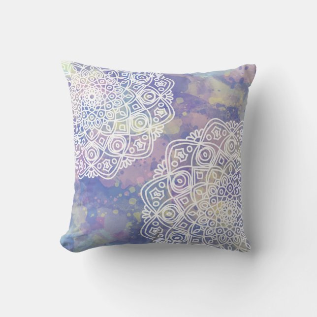 Purple Boho Chic Mandala Zen Watercolor Throw Pillow (Front)