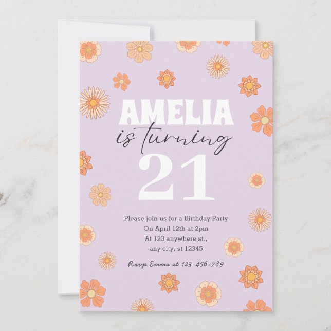Purple Boho Daisy Birthday Invitation Any Age (Front)