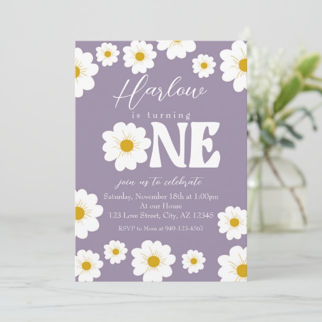 Purple Boho Daisy One Girl's first Birthday Invitation (Standing Front)