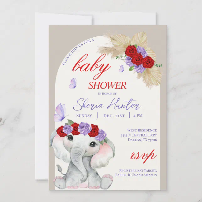 Purple Boho Elephant and Butterfly Baby Shower Invitation Zazzle