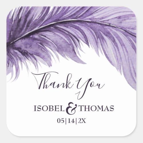 Purple Boho Feather Elegant Wedding Thank You Square Sticker