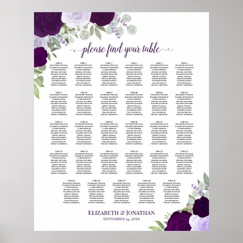 Purple Boho Floral 29 Table Wedding Seating Chart