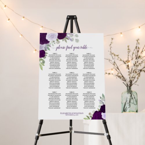 Purple Boho Floral 9 Table Wedding Seating Chart Foam Board