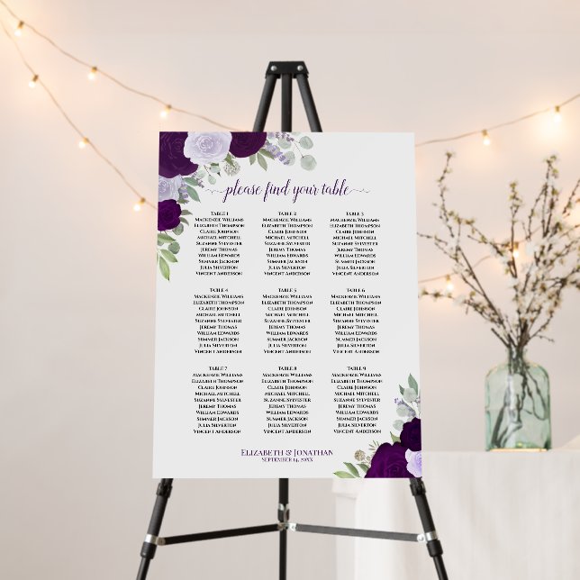 Purple Boho Floral 9 Table Wedding Seating Chart Foam Board (In Situ (Stand))