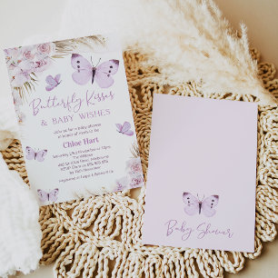 Purple Boho Floral Butterfly Kisses Baby Shower Invitation