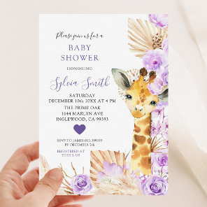 Purple Boho Floral Giraffe Girl Baby Shower Invitation