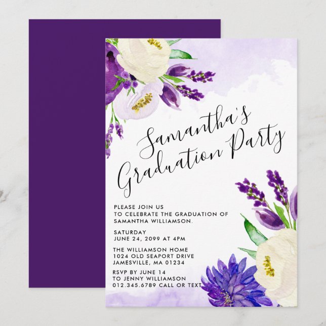 Purple Boho Floral Graduation Party Invitations (Front/Back)