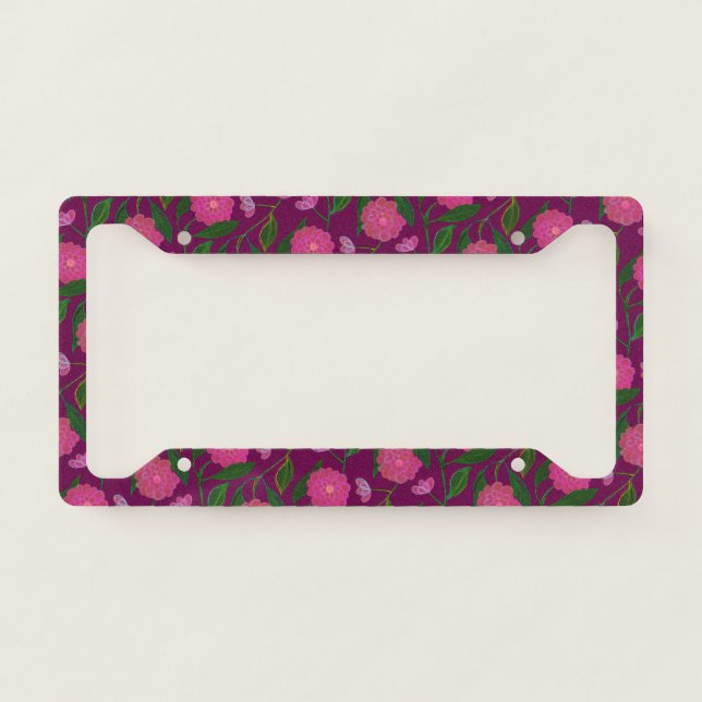 Purple Boho Floral Pattern Cute Girly Flower License Plate Frame (Front)