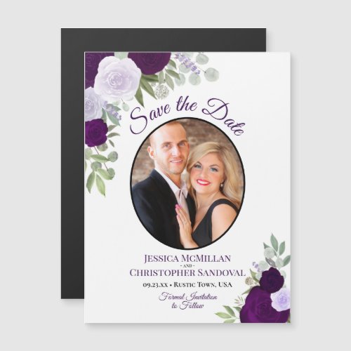 Purple Boho Floral  Photo Wedding Save the Date Magnetic Invitation