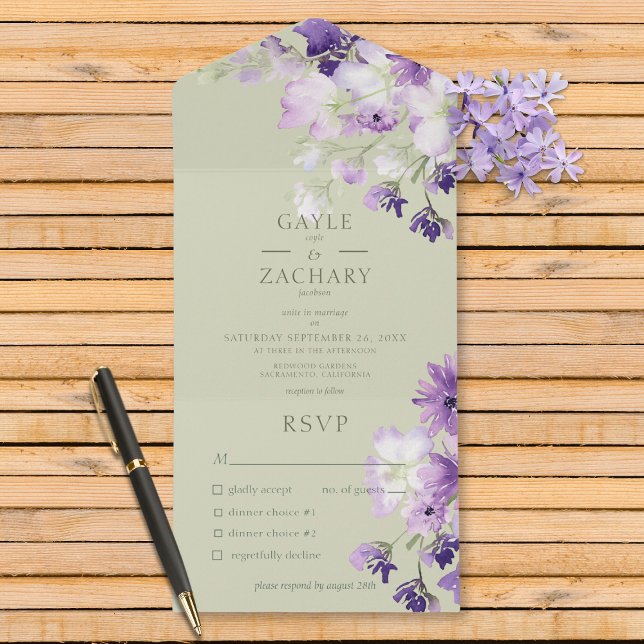 Purple Boho Floral Sage Green Dinner All In One Invitation (Also available with a QR code or without dinner selection options.)