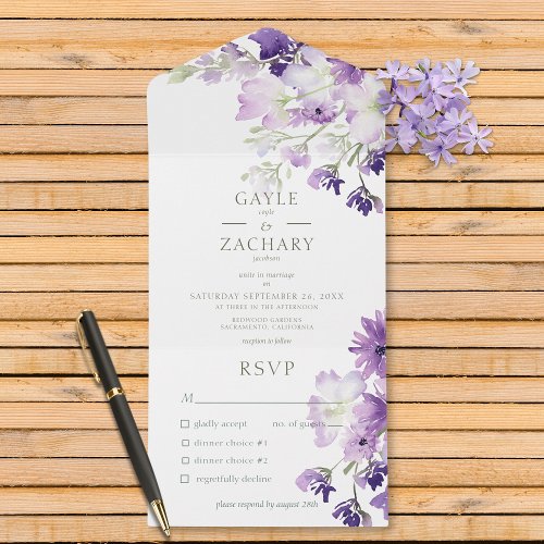 Purple Boho Floral White Dinner All In One Invitation