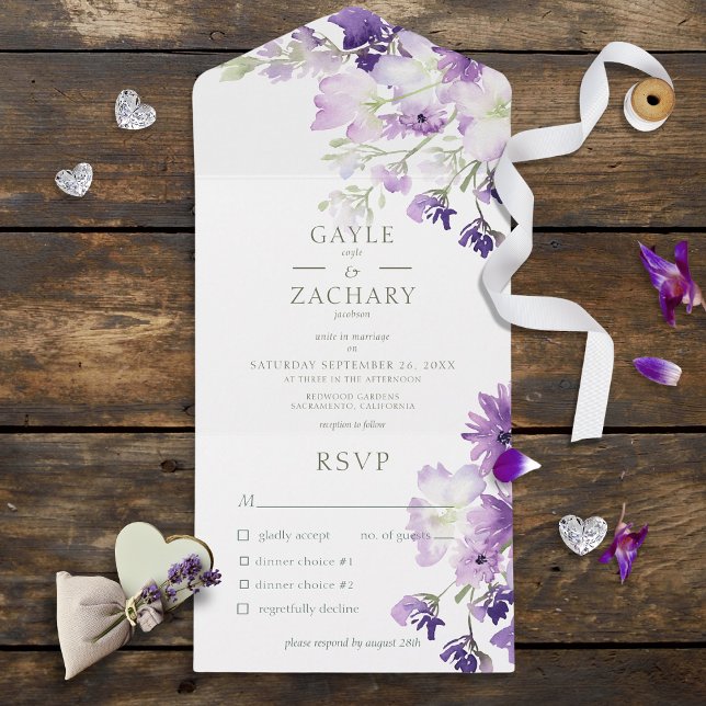 Purple Boho Floral White Dinner All In One Invitation (Creator Uploaded)