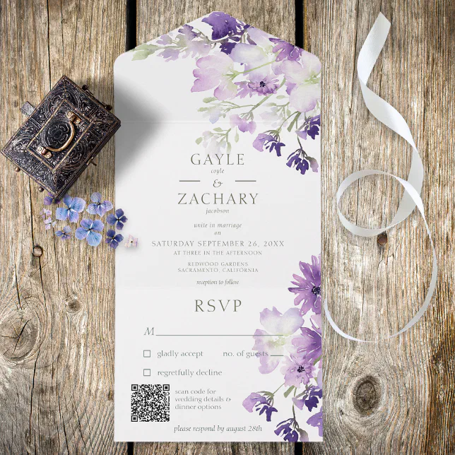 Purple Boho Flower QR Code All in One Invitation Zazzle