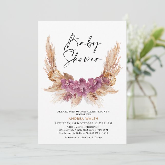 Purple Boho Pampas Grass Baby Shower Invitation (Standing Front)