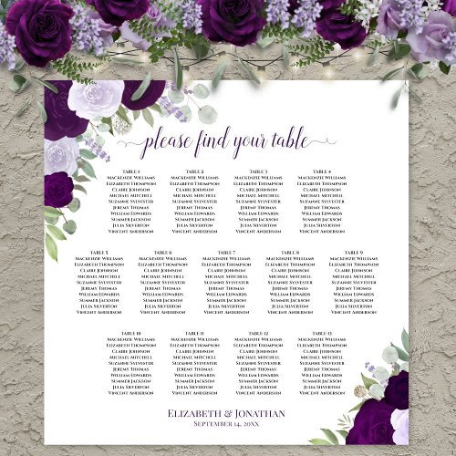 Purple Boho Roses 13 Table Wedding Seating Chart