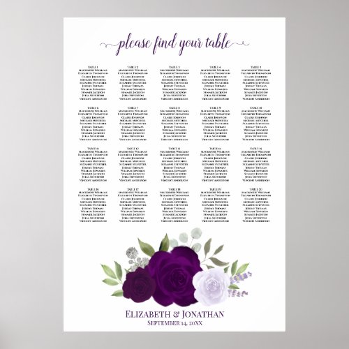 Purple Boho Roses 20 Table Wedding Seating Chart