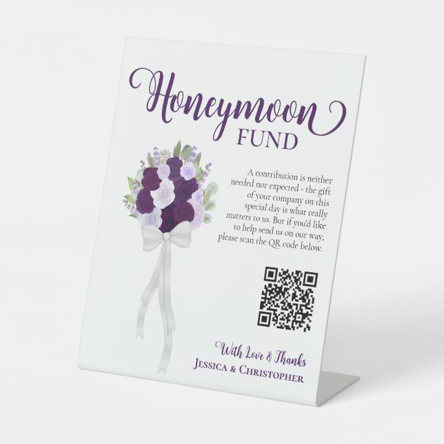Purple Boho Roses Bouquet Honeymoon Fund QR Code Pedestal Sign (Front)