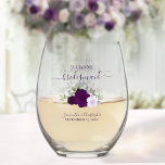 Purple Boho Roses Bridesmaid Maid of Honor Gift Stemless Wine Glass<br><div class="desc">This set is the perfect choice for thanking the bridesmaids and maid of honor at your wedding. The beautiful boho chic design features a cluster of hand painted watercolor roses in shades of purple, plum, and lavender, along with eucalyptus sprigs and garden greenery. Her name & title appears in elegant...</div>