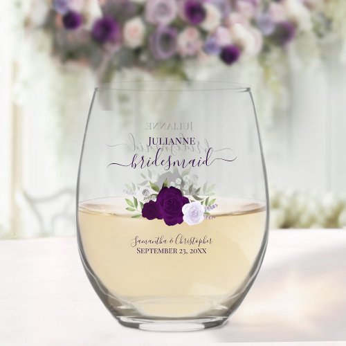 Purple Boho Roses Bridesmaid Maid of Honor Gift Stemless Wine Glass