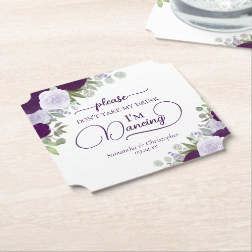 Purple Boho Roses Don't Take My Drink Wedding Paper Coaster
