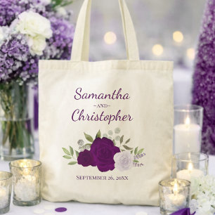 Purple Boho Roses Elegant Couple's Names Wedding  Tote Bag