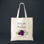 Purple Boho Roses Elegant Couple's Names Wedding  Tote Bag<br><div class="desc">These wedding beautiful tote bags are a wonderful way to thank members of your bridal party or as a keepsake or memento of your special day. They feature a rustic boho chic design with the names of the bride and groom in lovely script lettering and a cluster of hand painted...</div>