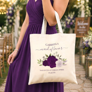 Purple Boho Roses Elegant Maid of Honor Wedding Tote Bag