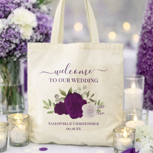 Purple Boho Roses Elegant Wedding Welcome Tote Bag