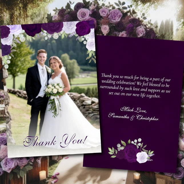 Purple Boho Roses Photo Overlay Elegant Wedding Thank You Card (Front/Back)