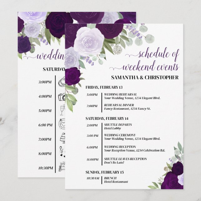 Purple Boho Roses Wedding Events & Timeline Program (Front/Back)