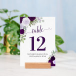 Purple Boho Roses Wedding Table Number with Holder<br><div class="desc">These beautiful cards with wooden holders are perfect for identifying the tables at your wedding reception. The beautiful boho chic floral design features a bevy of hand painted watercolor roses in shades of purple, lavender, and plum. The word "table" is spelled out in elegant script lettering with decorative swashes on...</div>
