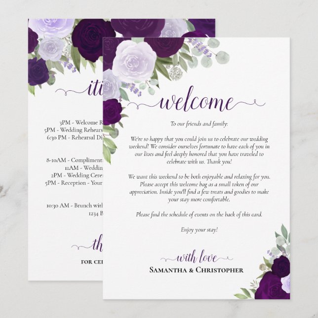 Purple Boho Roses Wedding Welcome & Itinerary Program (Front/Back)
