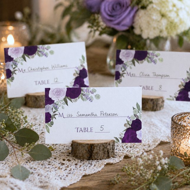 Purple Boho Roses Wedding Write-In Escort Card (Display Suggestion)