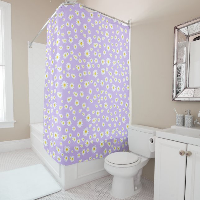 Purple Boho Spring Daisies Pattern Shower Curtain (In Situ)