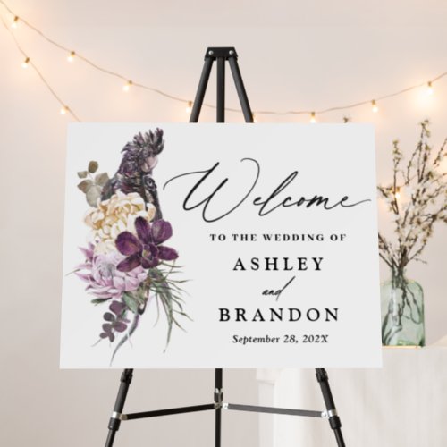 Purple Boho Tropical Parrot Floral Wedding Welcome Foam Board