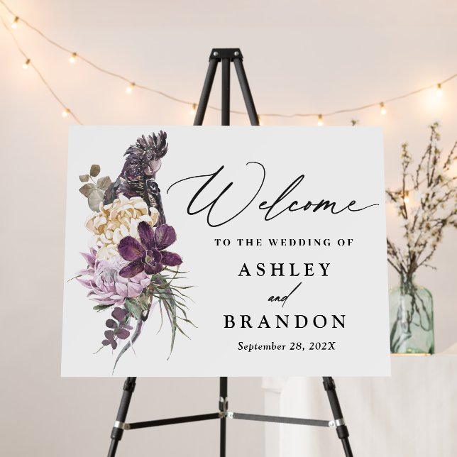 Purple Boho Tropical Parrot Floral Wedding Welcome Foam Board (In Situ (Stand))