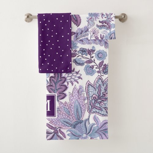 Purple Boho Vintage Floral Monogram Bath Towel Set