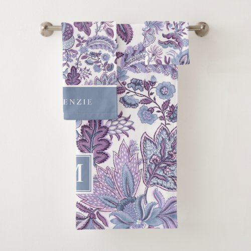 Purple Boho Vintage Floral Monogram Bath Towel Set