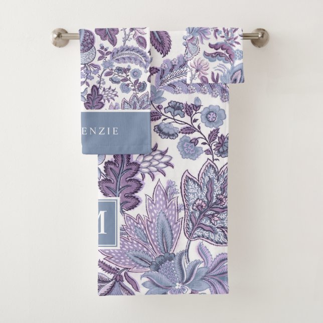 Purple Boho Vintage Floral Monogram Bath Towel Set (Insitu)