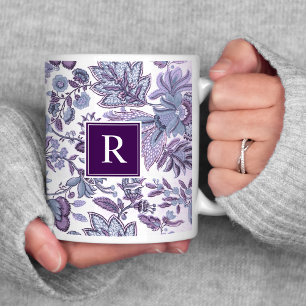 Purple Boho Vintage Floral Monogram Coffee Mug