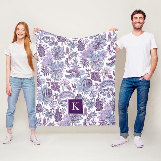 Purple Boho Vintage Floral Monogram Fleece Blanket (In Situ)