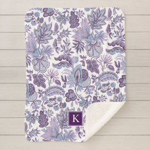 Purple Boho Vintage Floral Monogram Sherpa Blanket