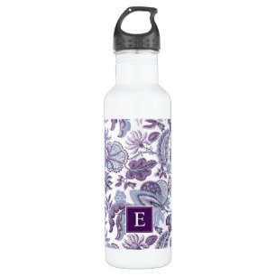 Purple Boho Vintage Floral Monogram Stainless Steel Water Bottle