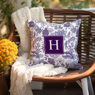Purple Boho Vintage Floral Monogram Throw Pillow